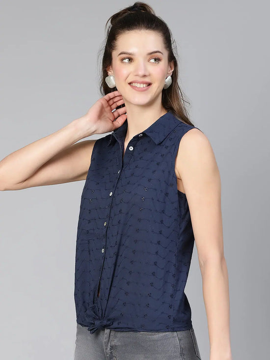 Relive Blue Schiffli Tie -Knotted Women Cotton Shirt