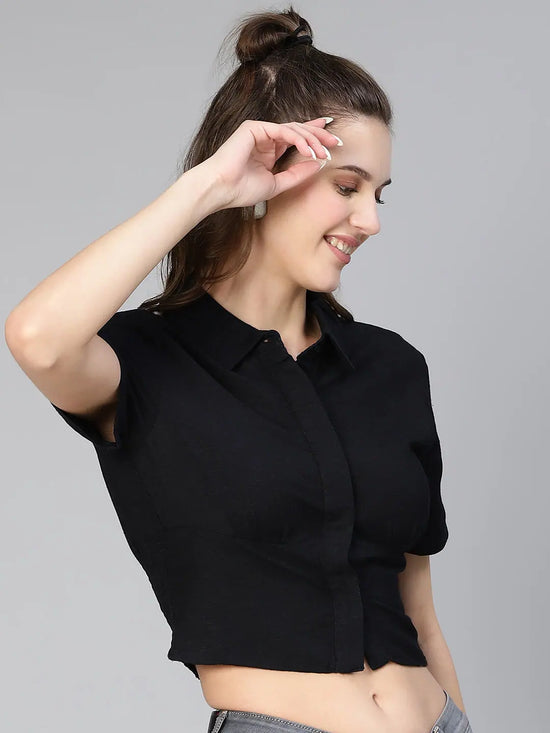 Covered Black Short Sleeve Women Cotton Shirt