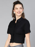 Covered Black Short Sleeve Women Cotton Shirt