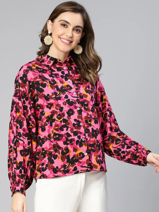 Glossy Pink Floral Print Collared Women Shirt