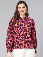 Glossy Pink Floral Print Collared Women Shirt