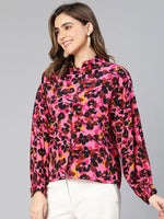 Glossy Pink Floral Print Collared Women Shirt