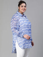 Avant Blue Printed Long Sleeve Plus Size Women Shirt