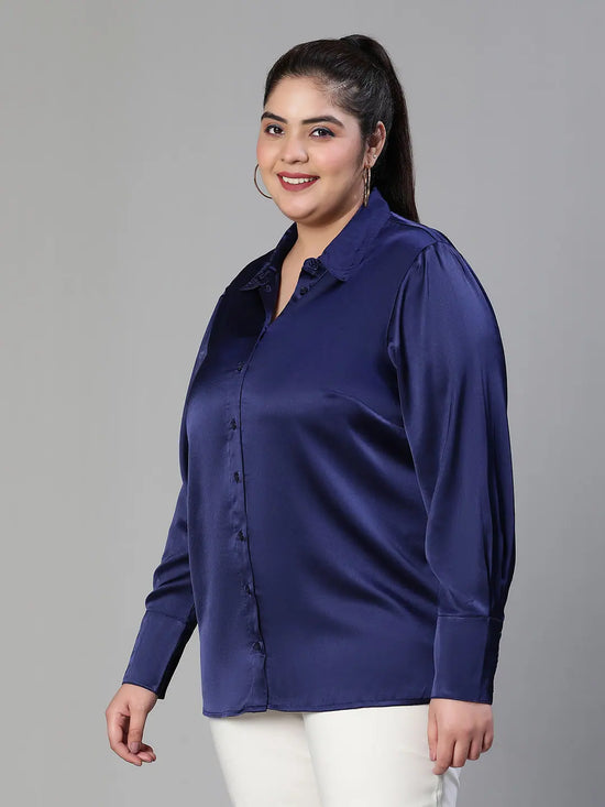 Premimum Satin Navy Blue Women Plus Size Shirt