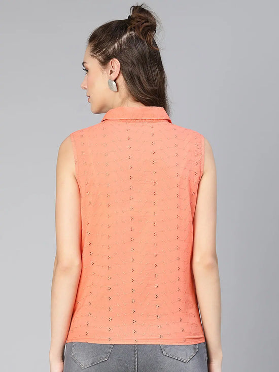 Reflected Orange Schiffli Tie -Knotted Women Cotton Shirt