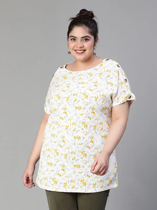 Grunge White Floral Print Buttoned Plus Size Women Tunic