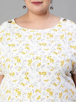 Grunge White Floral Print Buttoned Plus Size Women Tunic