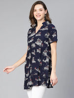 Nice Navy Blue Print Women Casual Tunic