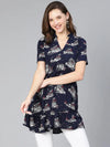 Nice Navy Blue Print Women Casual Tunic