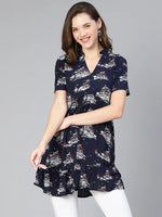 Nice Navy Blue Print Women Casual Tunic