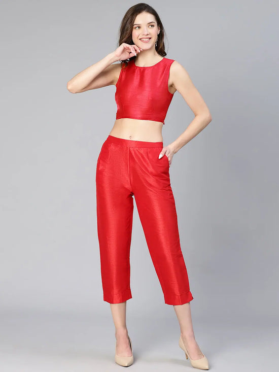 Fetive Soild Red Elasticated Women Pant