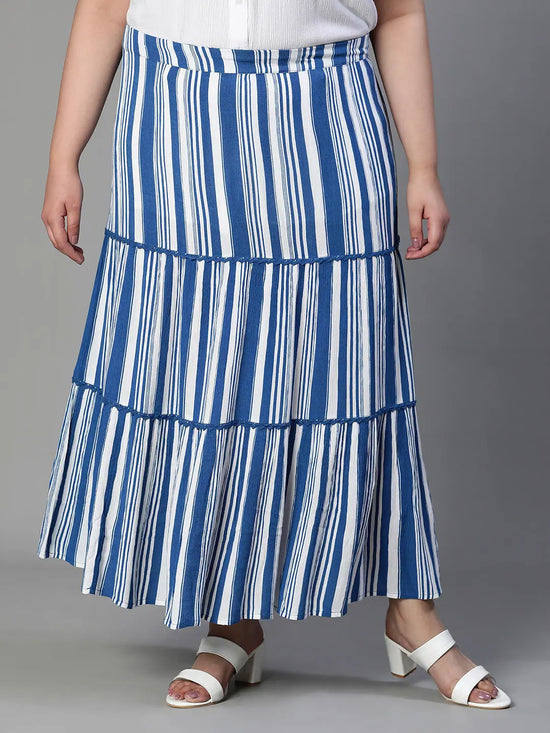 Dune Stripe Print Flare Elasticated Blue Plus Size Skirt