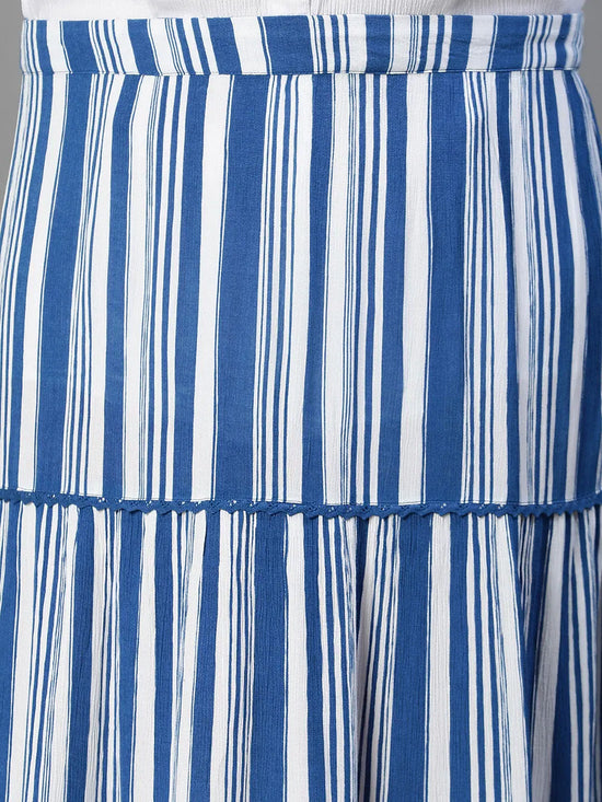 Dune Stripe Print Flare Elasticated Blue Plus Size Skirt