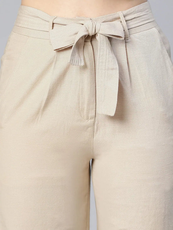 The Beige Color Elasticated & Tie-Knotted Women Cotton Shorts