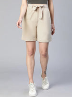 The Beige Color Elasticated & Tie-Knotted Women Cotton Shorts