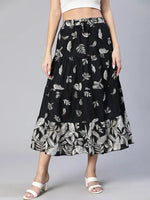 Women Floral Print Elasticated Flared Black Skirt