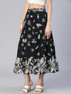 Women Floral Print Elasticated Flared Black Skirt