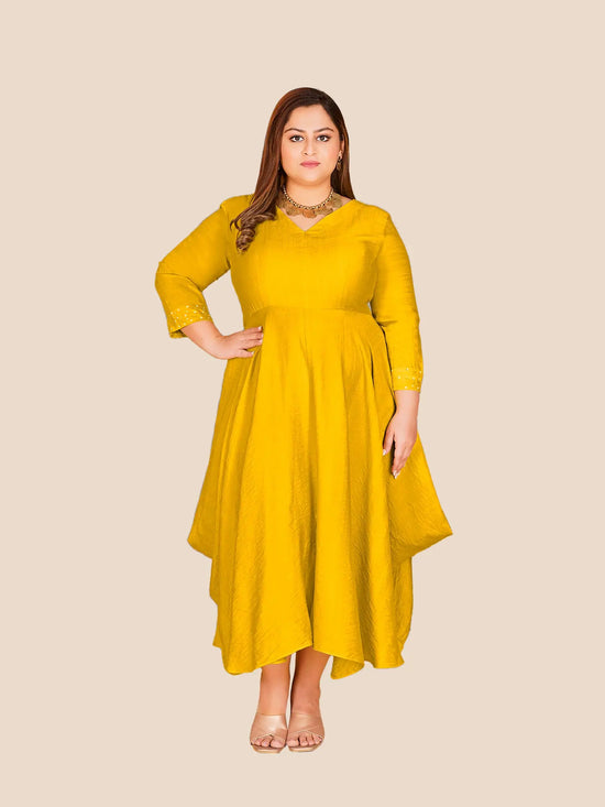 Curvy Lane Stylish Ladies Cowl Styled Dress- Yellow