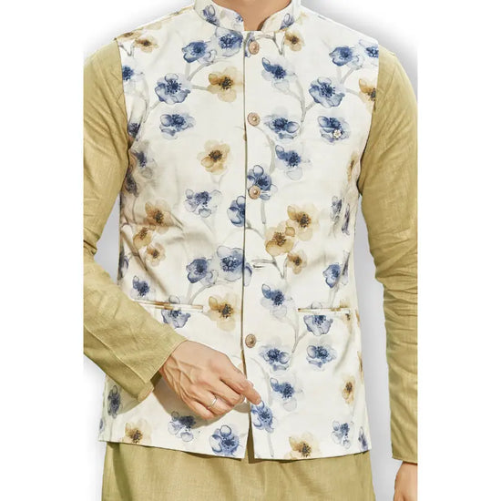 Authentics Nehru Jacket White Blue Flower