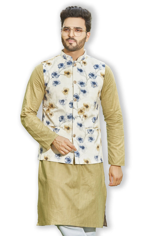 Authentics Nehru Jacket White Blue Flower