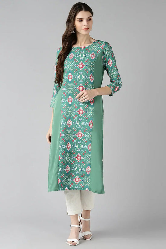 Women Fancy Occasion Wear Sea Green Printed Crepe Fabric Kurti