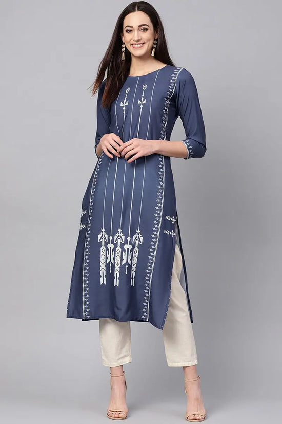 Women Navy Blue & Off White Printed Straight Kurta