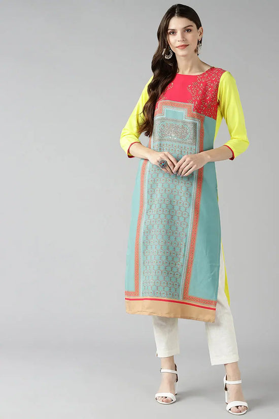 Ahika Women Sea Green Color Crepe Fabric Fancy Printed A Line Kurta