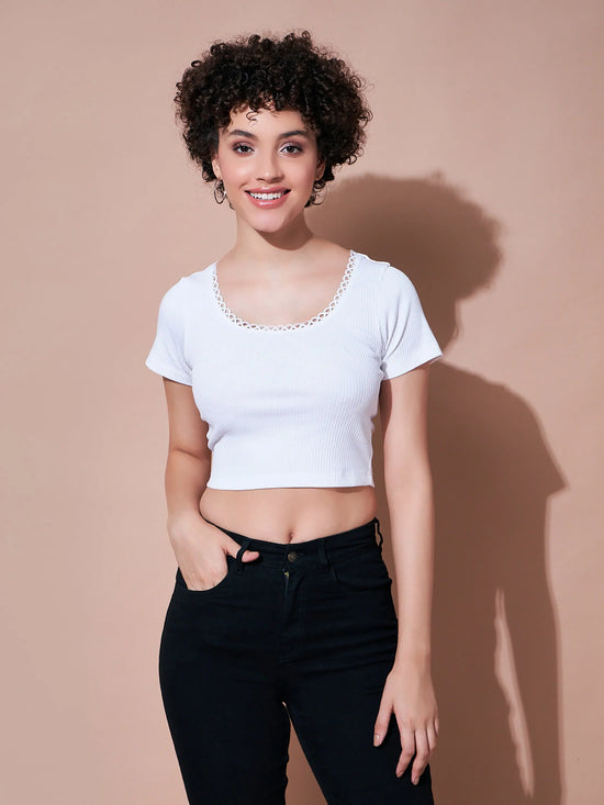 Women White Rib Round Neck Crop Top