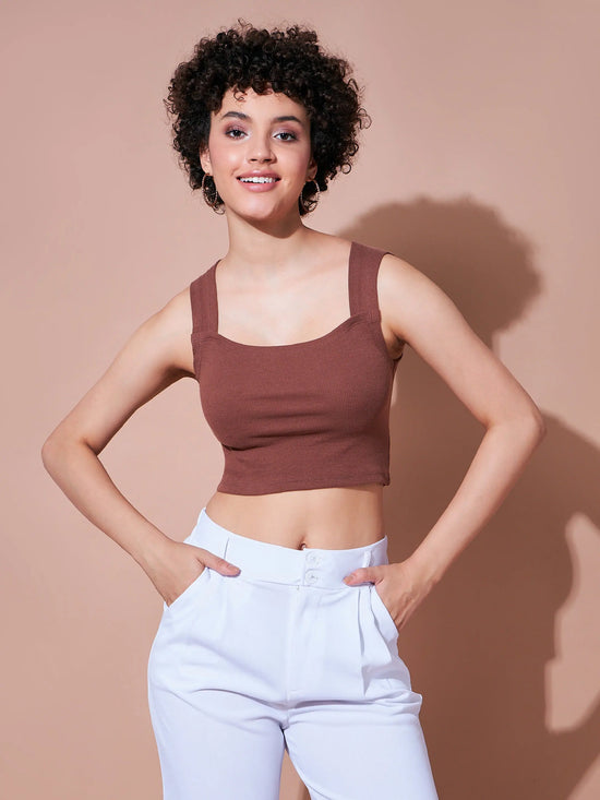 Women Brown Rib Rhombus Neck Ribbed Crop Top