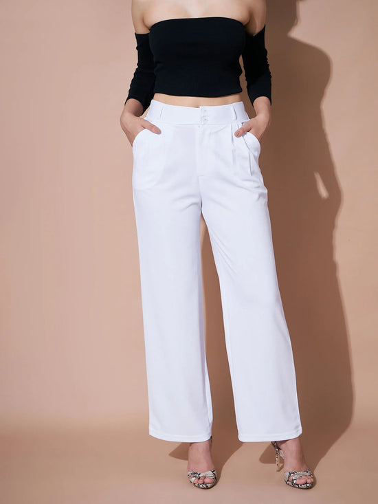 Women White Pleated Straight Stretchable Pants