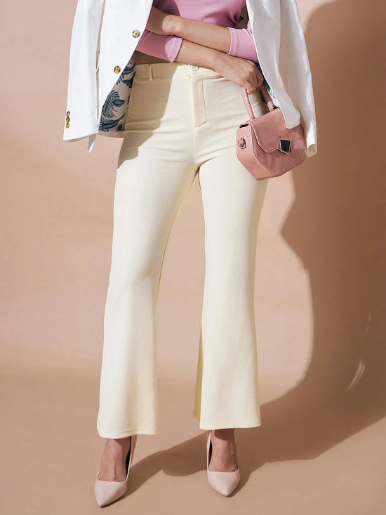 Women Cream Bell Bottom Knitted Pants