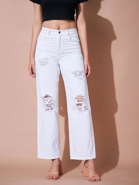 Women White Heavy Distress Straight Jeans