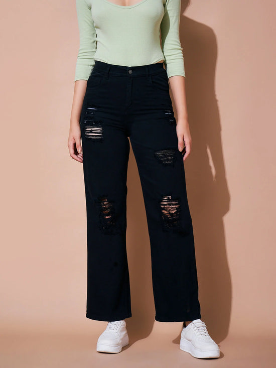 Women Black Heavy Distress Straight Jeans