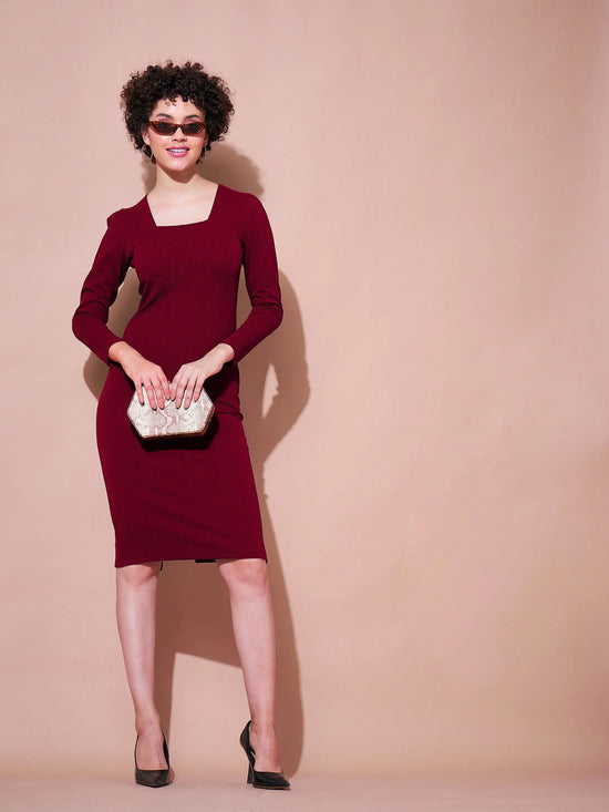 Women Maroon Square Neck Bodycon Dress