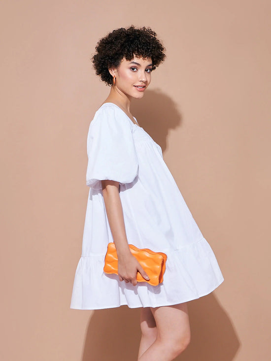 Women White Cotton Poplin Puff Sleeves Tiered Dress