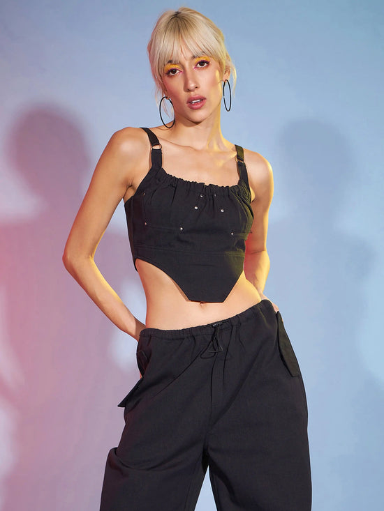 Women Black Twill Bustier Crop Top-SFTOPS41394XS