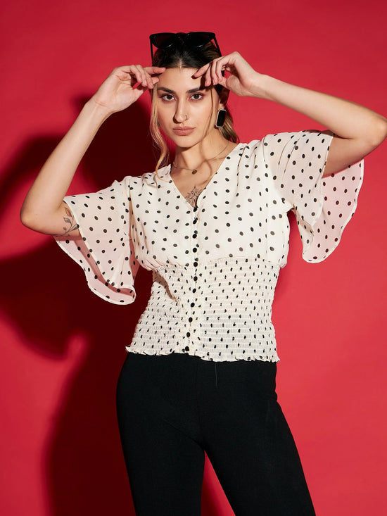 Women White Polka Dot Printed Front Open Smocked Top