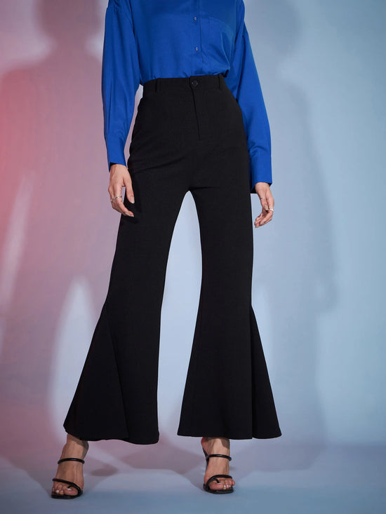 Women Black Bell Bottom Kick Pleats Knitted Pants