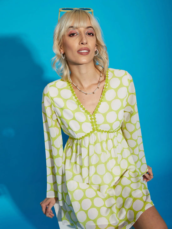 Women Green Polka Dot Flared Sleeve Skater Dress