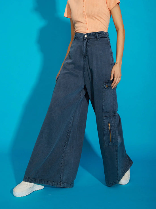 Women Grey Acid Wash Tencel Wide Leg Pants