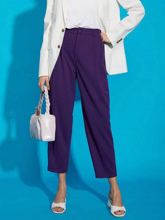 Women Purple Stretch Knit Tapered Pants