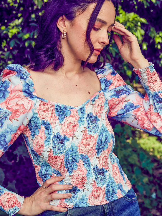 Women Blue Floral Smoked Top