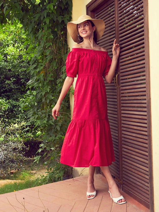 Women Red Schiffli Off-Shoulder Tiered Midi Dress