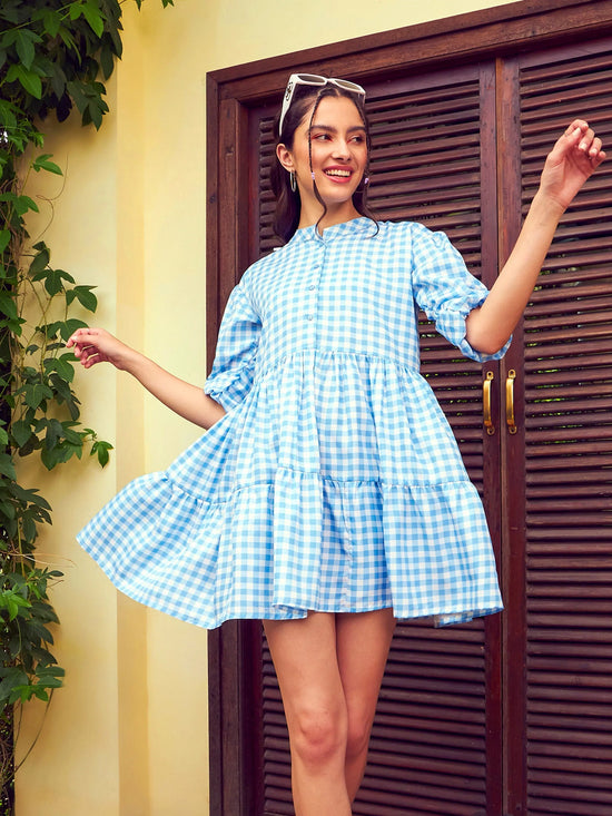 Women Blue Check Tiered Mini Dress