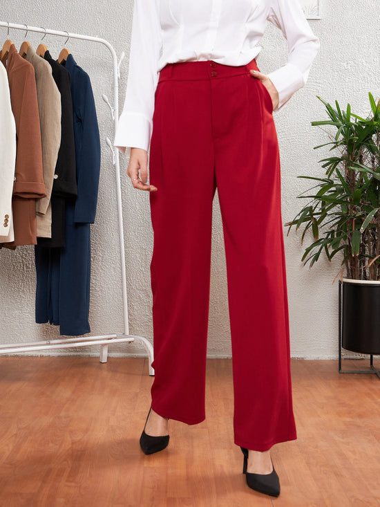 Women Red Pleated Straight Pants