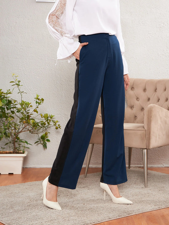 Women Blue & Black Color Block Straight Pants