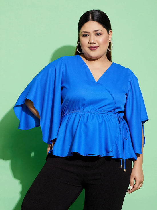 Women Royal Blue Short Frill Sleeves Wrap Top