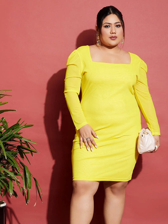 Women Yellow Mesh Bodycon Dress