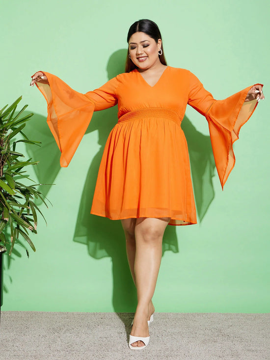 Women Orange Boho Sleeve Skater Dress