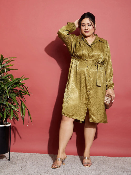 Women Olive Satin Jacquard Belted Shirt Dress